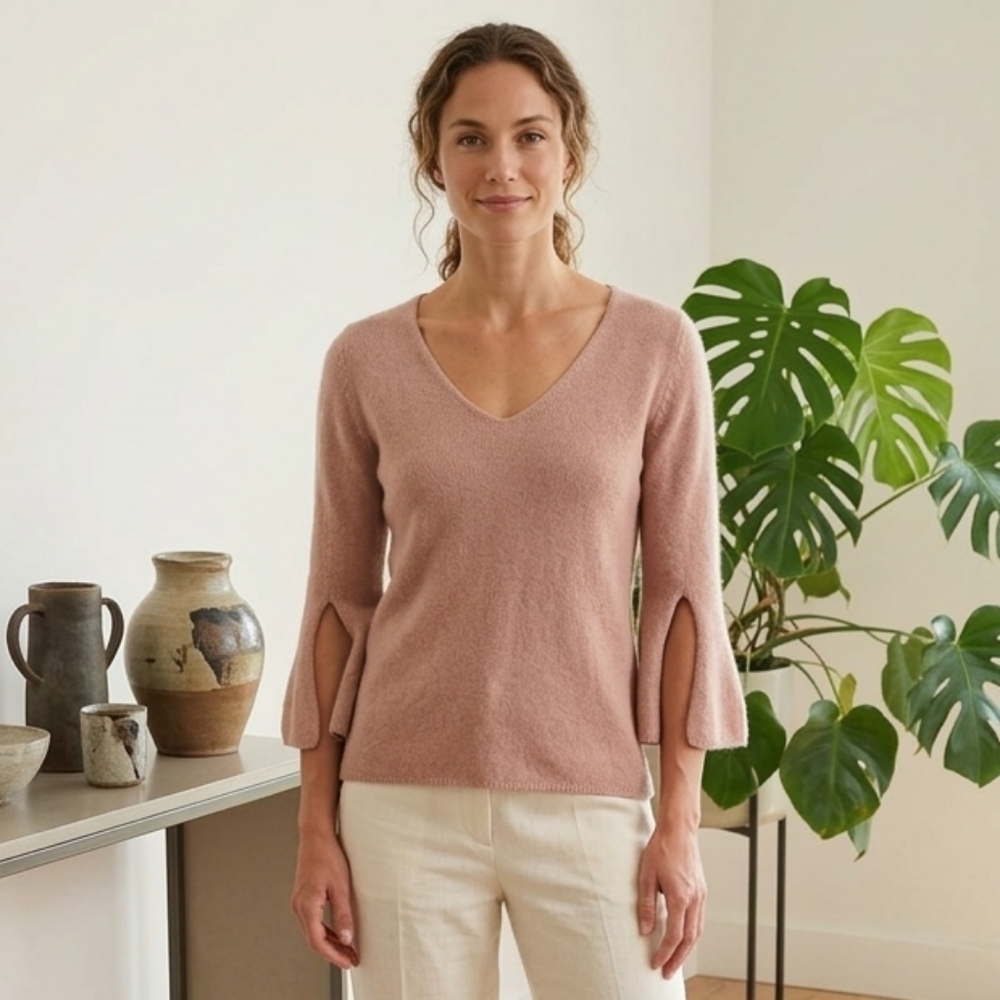 Women's Quiet Luxury Neutral Minimalist Brown Cashmere V-Neck Sweater Size M